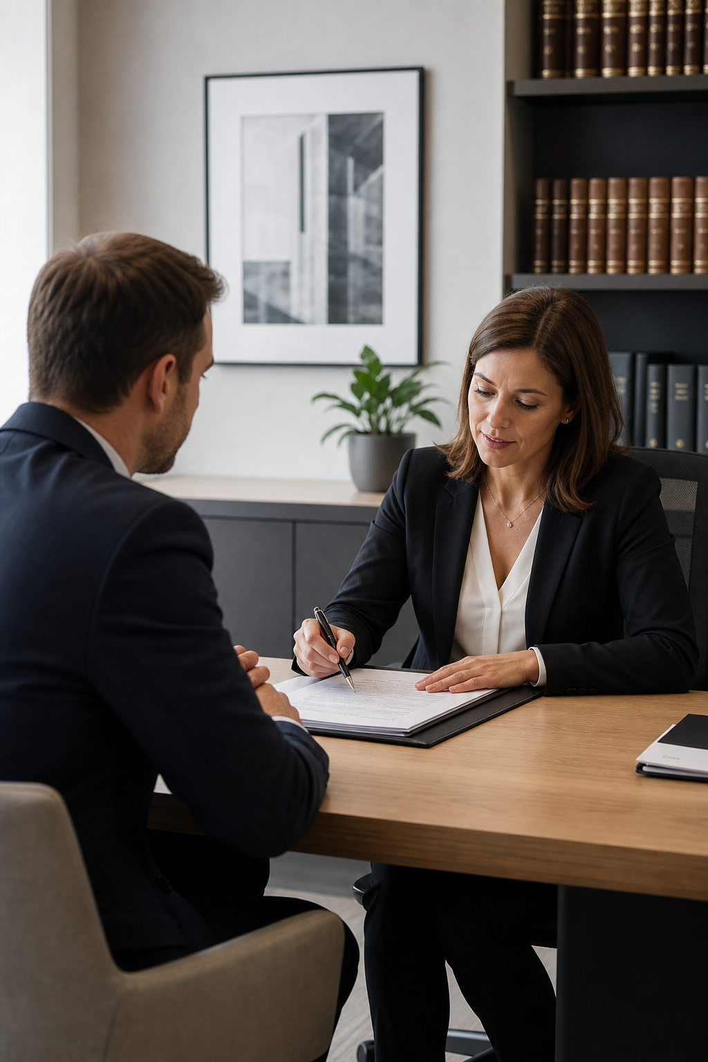 Scène de consultation notariale dans un bureau lumineux et ordonné, avec échange professionnel autour de documents juridiques