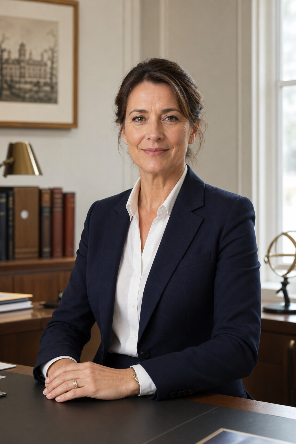 Portrait éditorial réaliste de Jeanne Fournier, environ cinquante ans, cadrage mi-buste plus large avec espace autour du sujet, traits légèrement plus matures et naturels, cheveux châtain foncé attachés, blazer marine et chemise claire, expression calme et professionnelle, posture droite et posée, lumière naturelle douce, bureau notarial discret et institutionnel en arrière-plan.