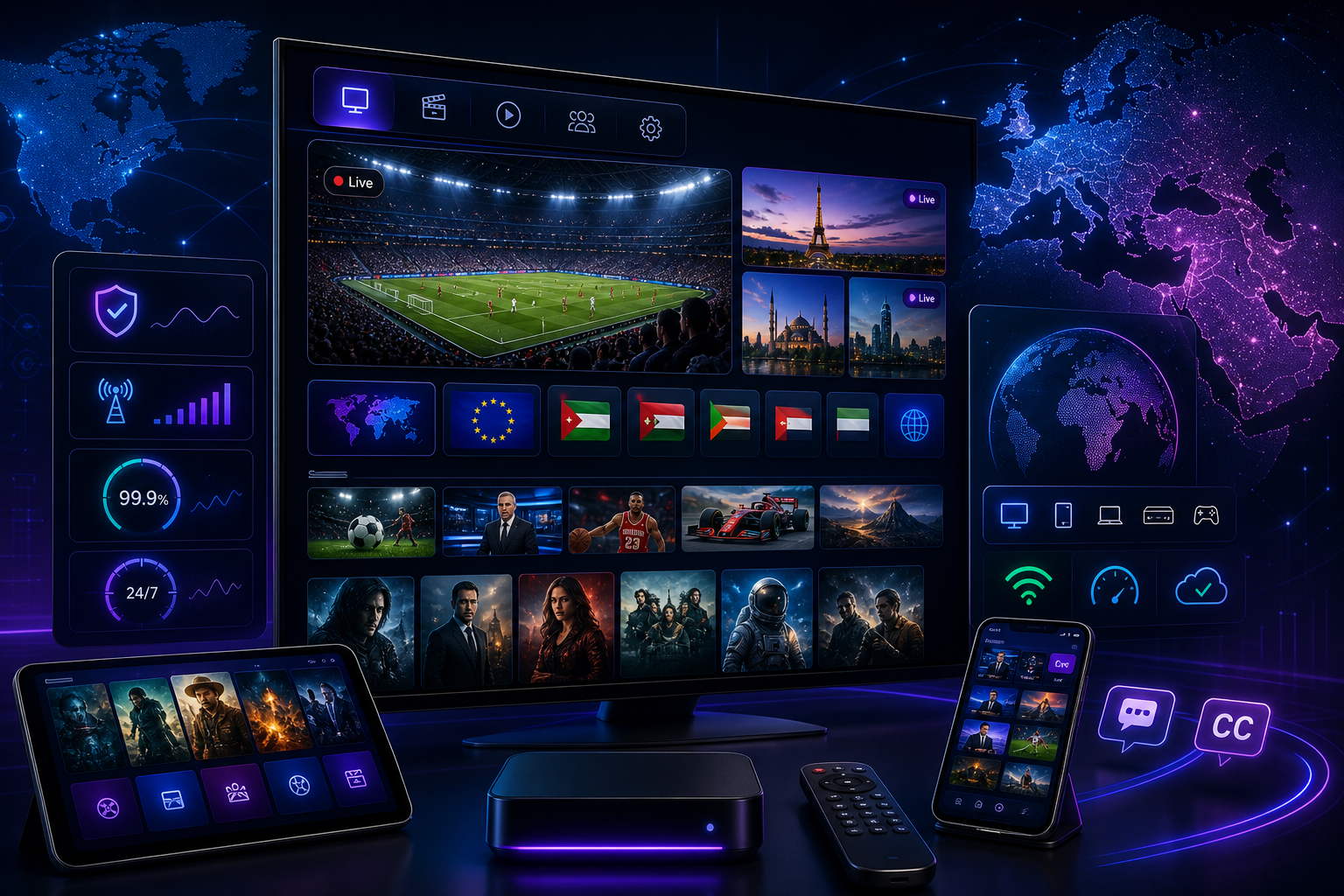 Futuristic multi-screen global IPTV dashboard with Europe and Middle East region cues, live channel tiles, VOD panels, and neon interface glow
