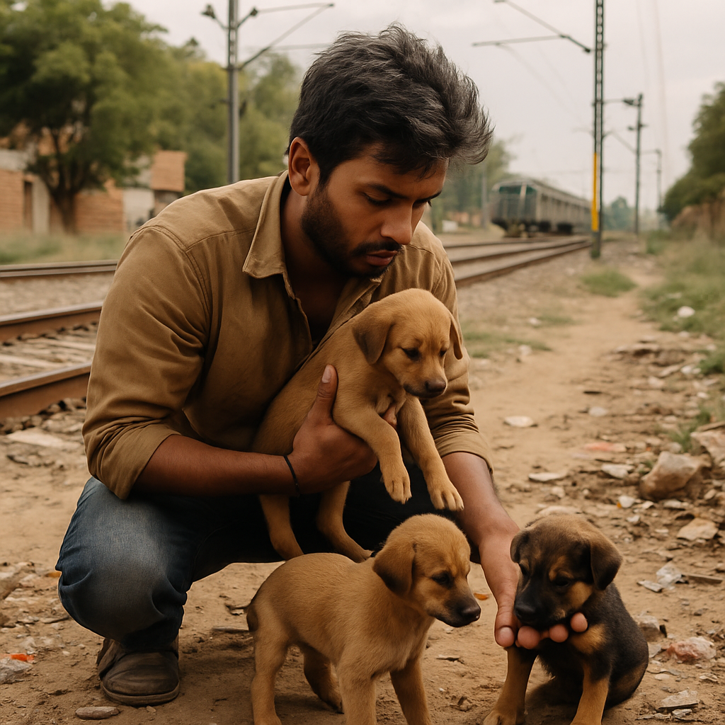 Aman rescuing abandoned puppies near Jaipur railway