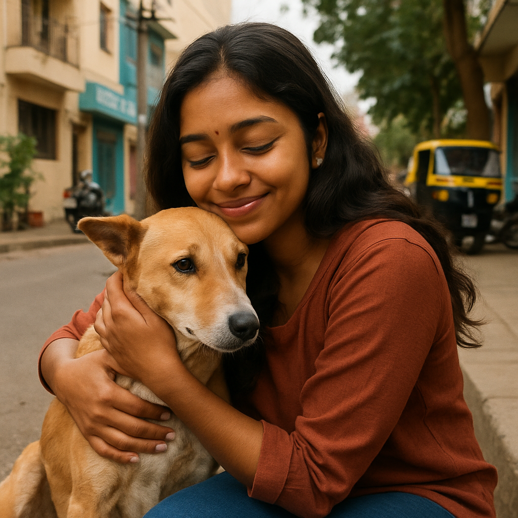 Ananya cuddling a rescued Bengaluru street dog
