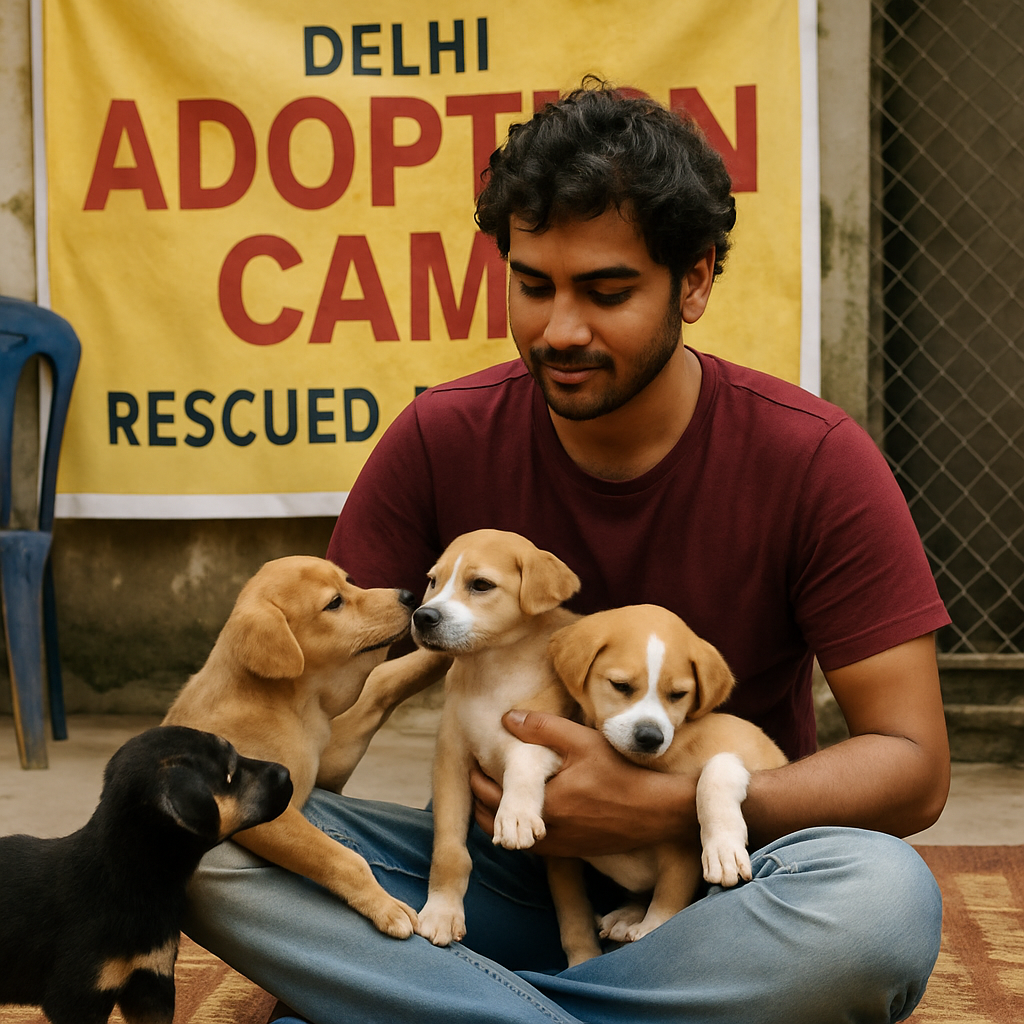 Arjun at a Delhi adoption camp with rescued puppies