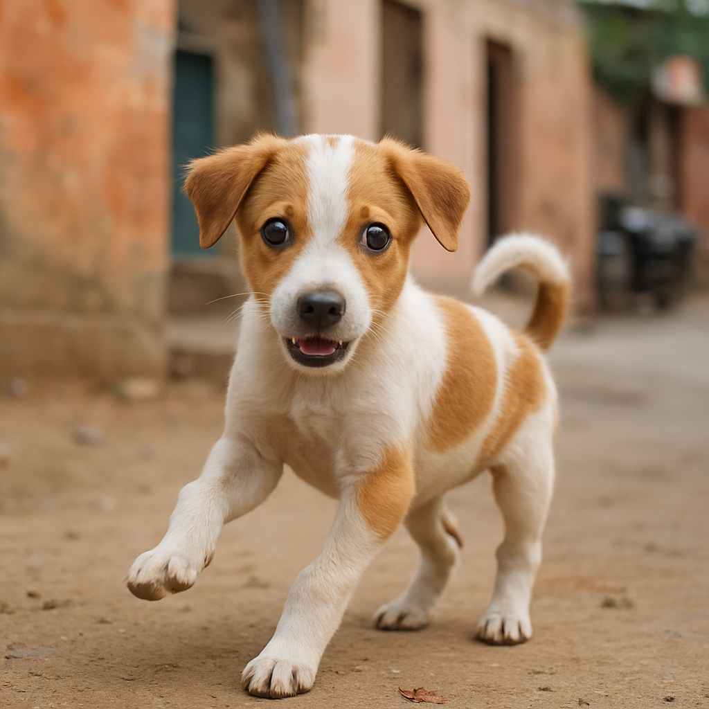 Chutki, a real small white and brown Indian puppy with bright eyes, Jaipur