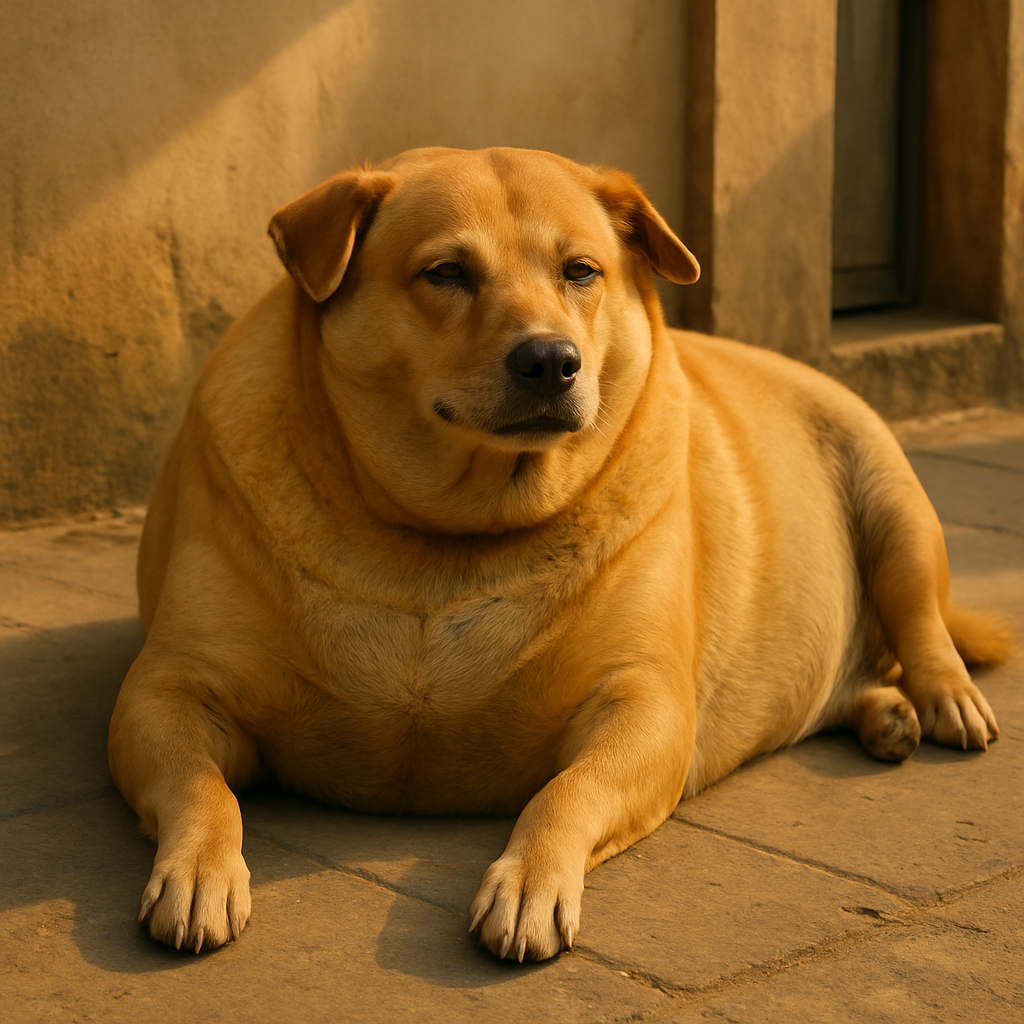 Motu, a real chubby golden Indian street dog lounging, Chennai