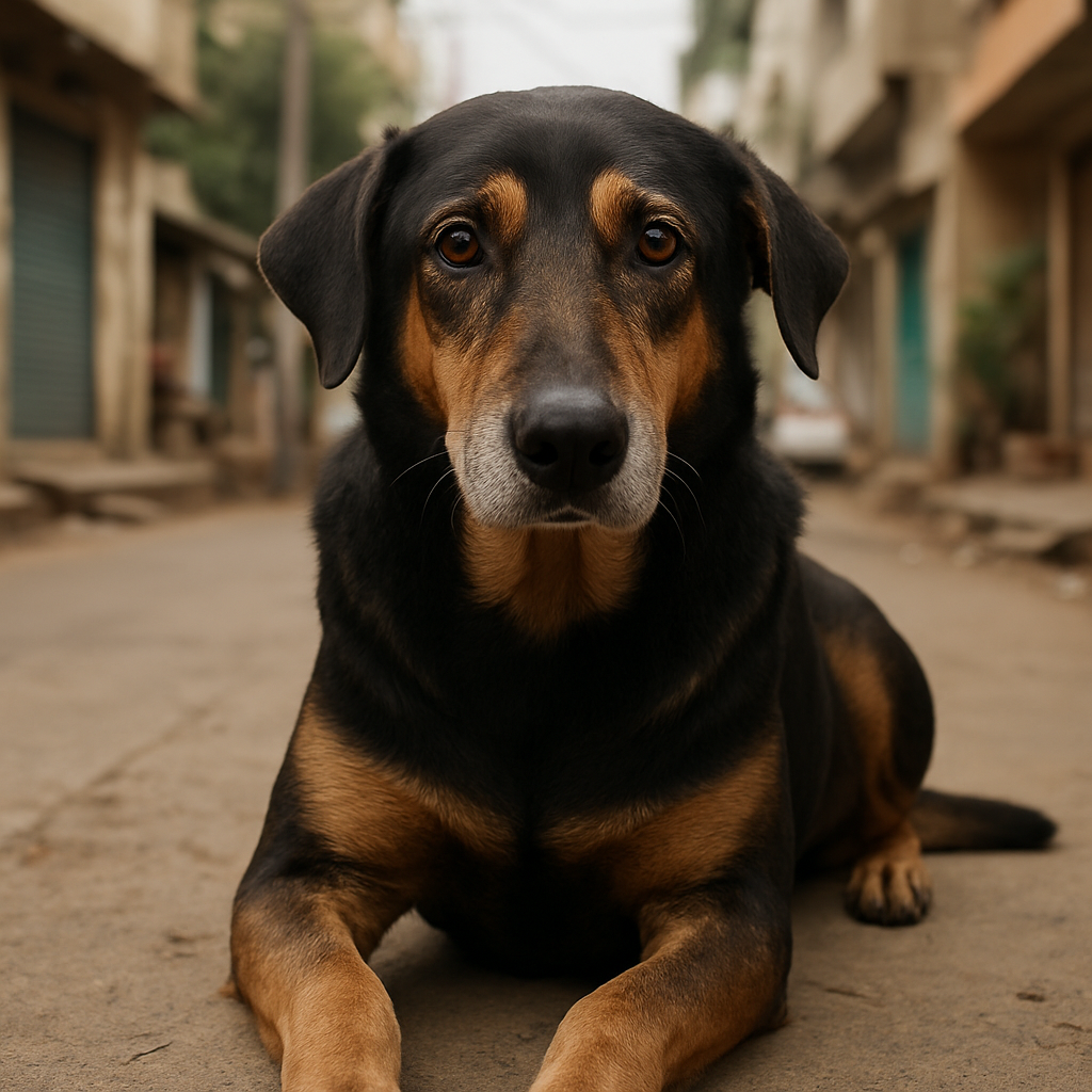Shyam, a real black and tan Indian rescue dog with soulful eyes, Hyderabad