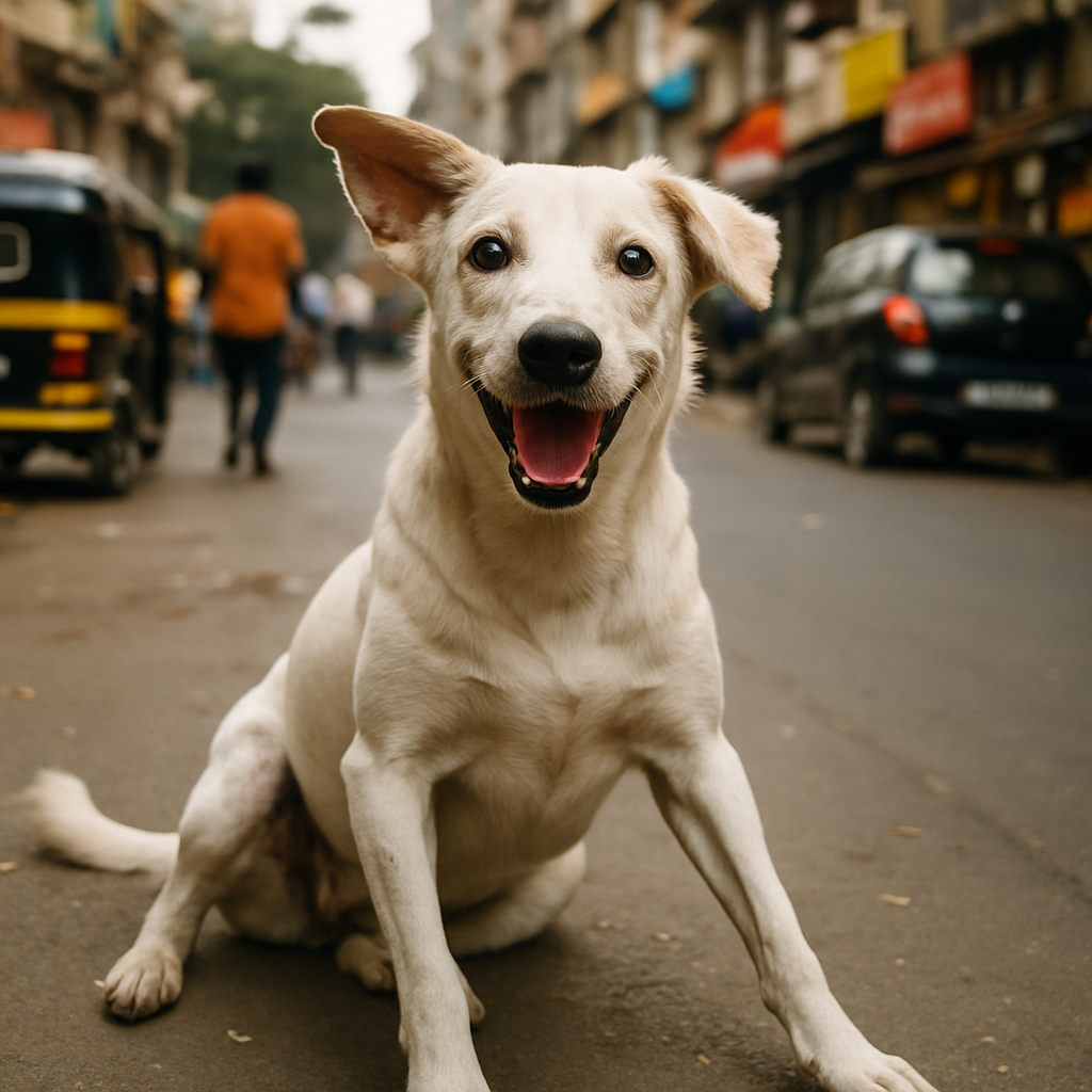 Tara, a real playful white Indian street dog with one floppy ear, Mumbai