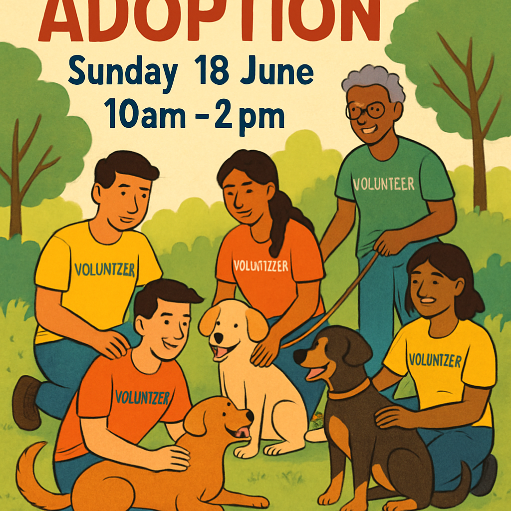 Poster for Indian stray dog adoption event with volunteers