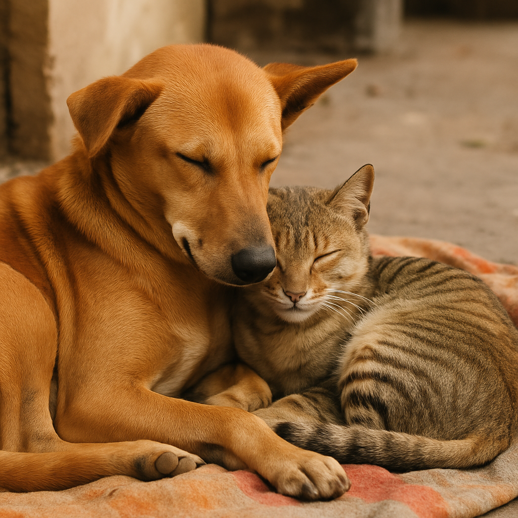 Friendly Indian street dog and cat cuddling together on a blanket