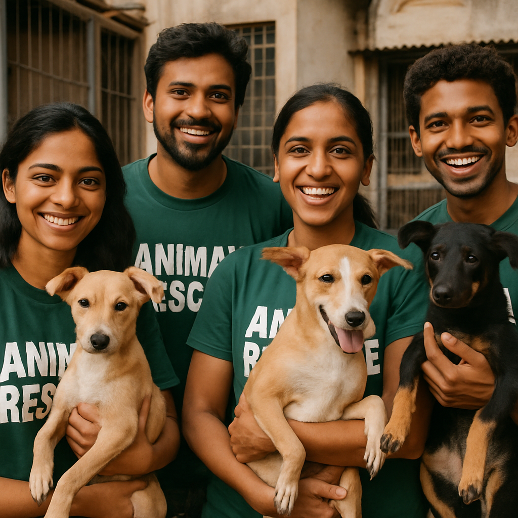 Smiling group of Indian animal rescue volunteers with rescued dogs