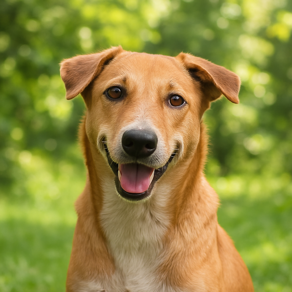 Happy Indian rescue dog with gentle smile, outdoors
