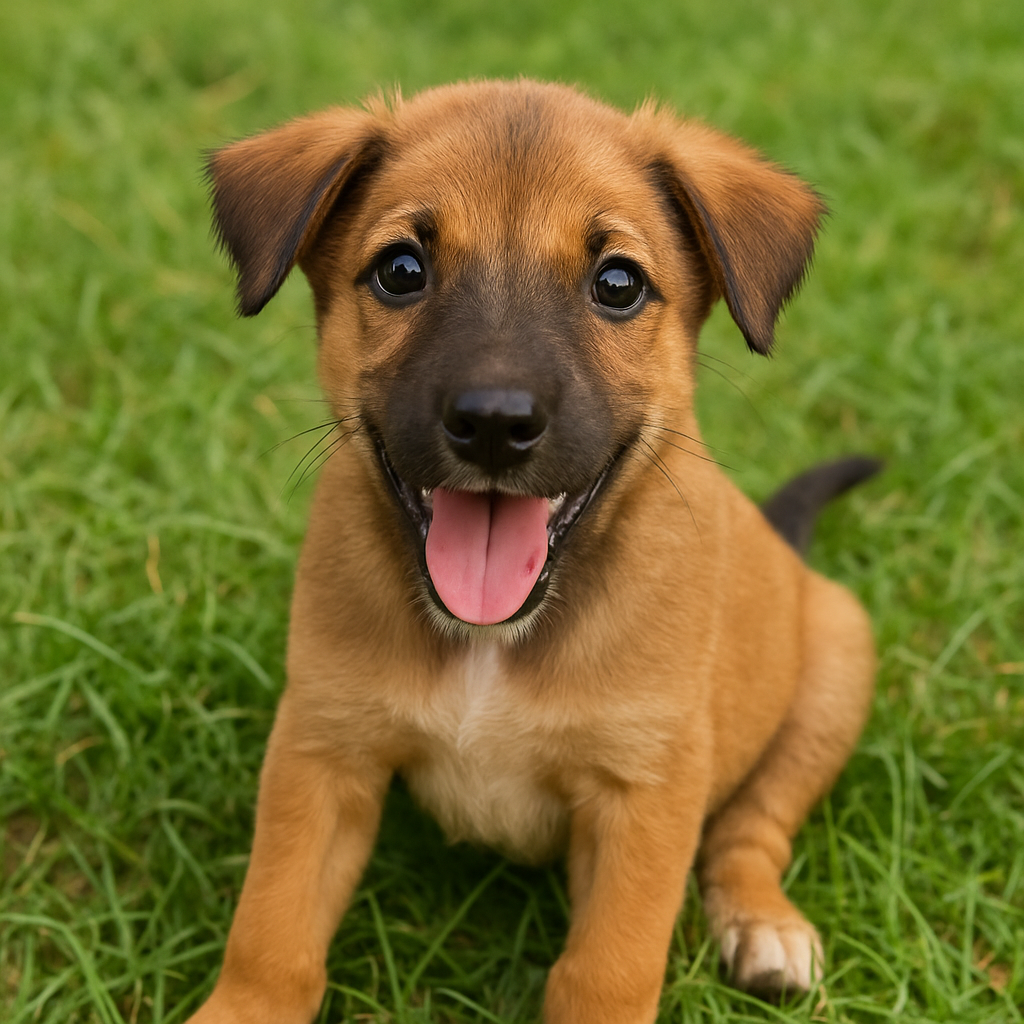 Playful rescued Indian puppy with bright eyes, sitting on grass
