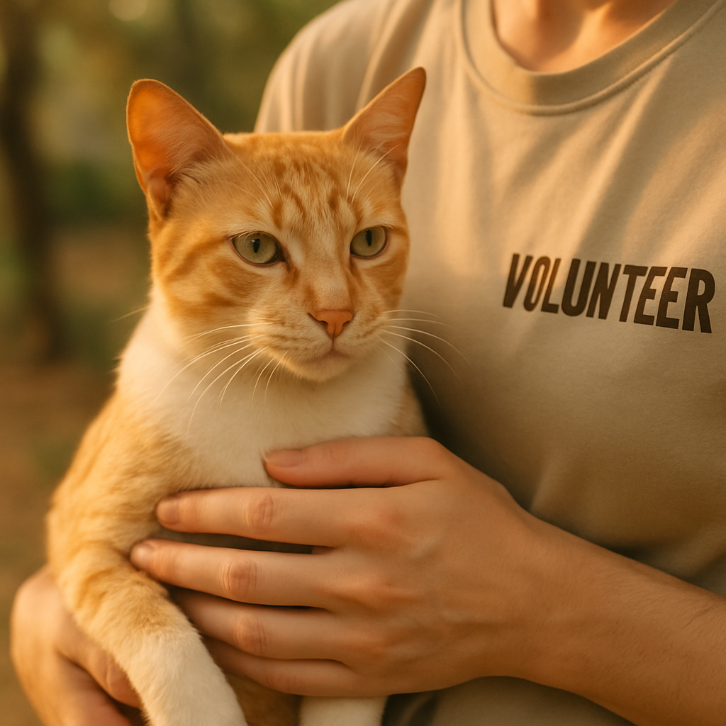 Rescued Indian street cat being gently held by volunteer