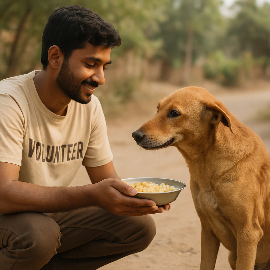 Volunteer giving food to a rescued stray dog in India