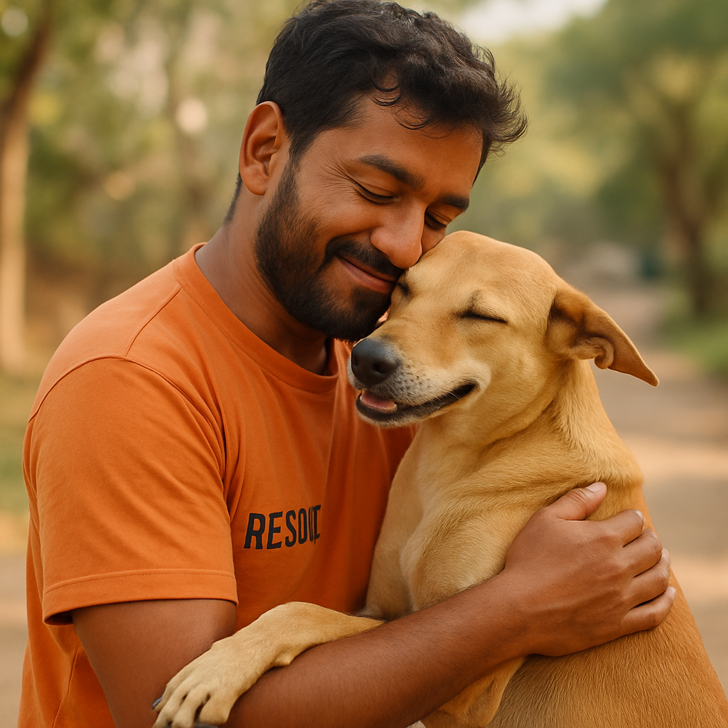 Indian rescue volunteer hugging a grateful street dog