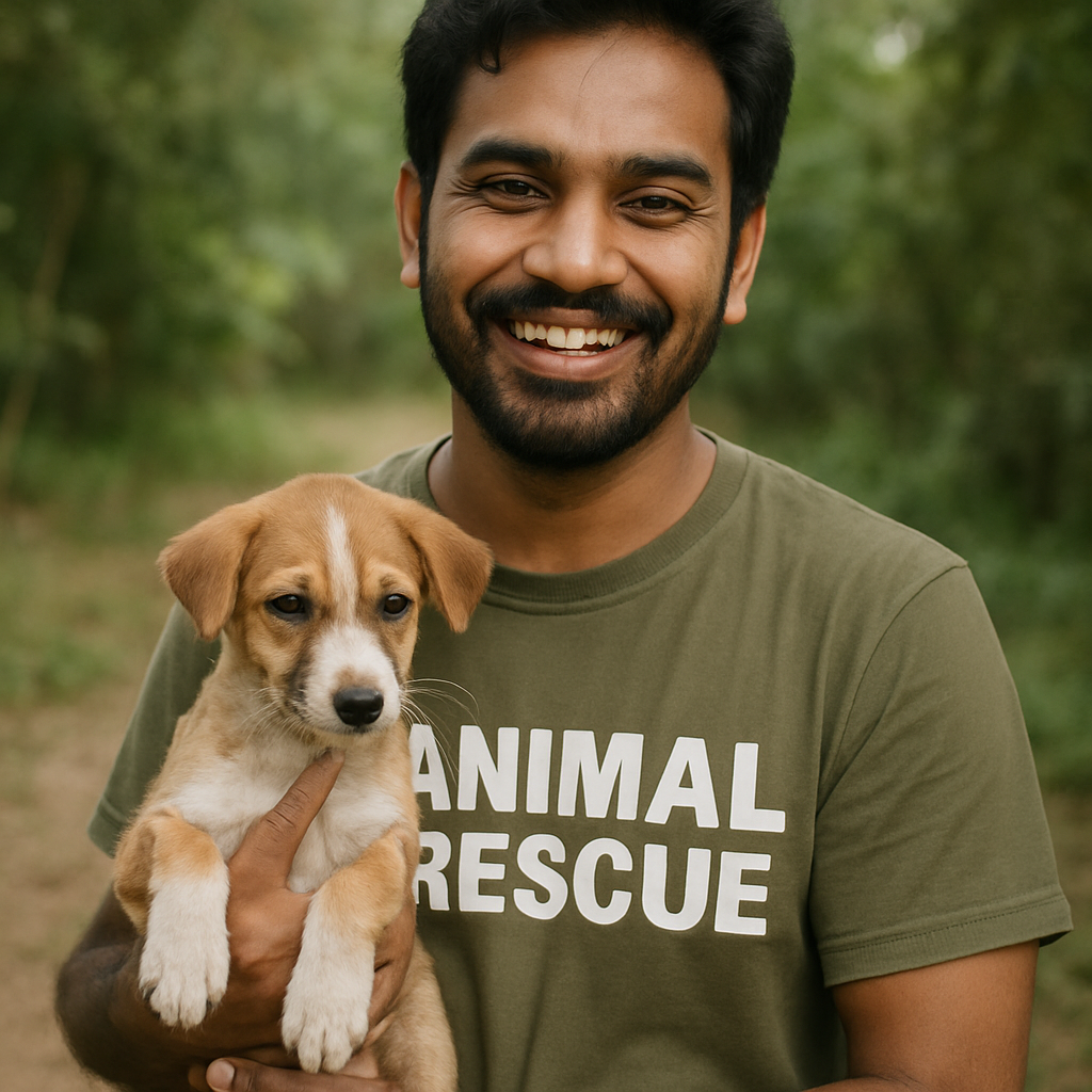 Indian animal rescue volunteer smiling with a rescued puppy