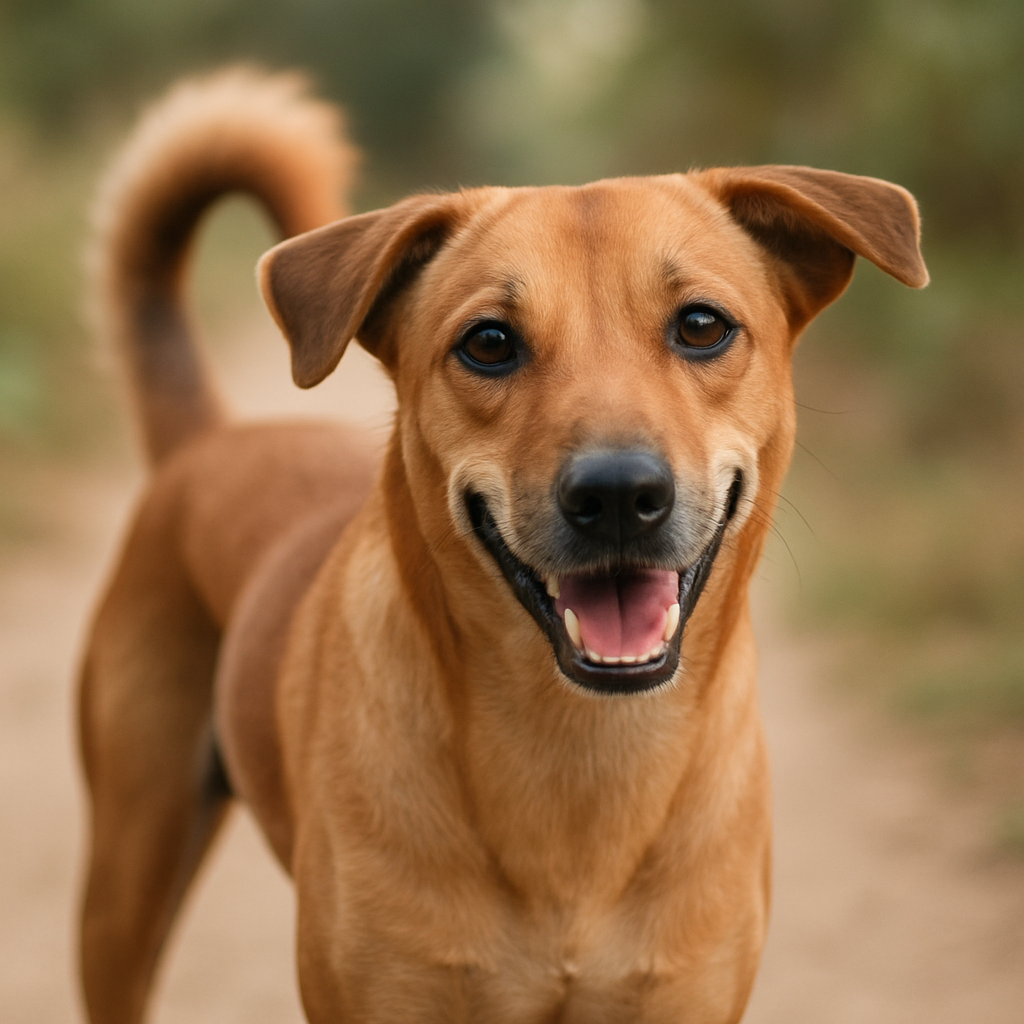 Indian rescue dog wagging tail, looking friendly