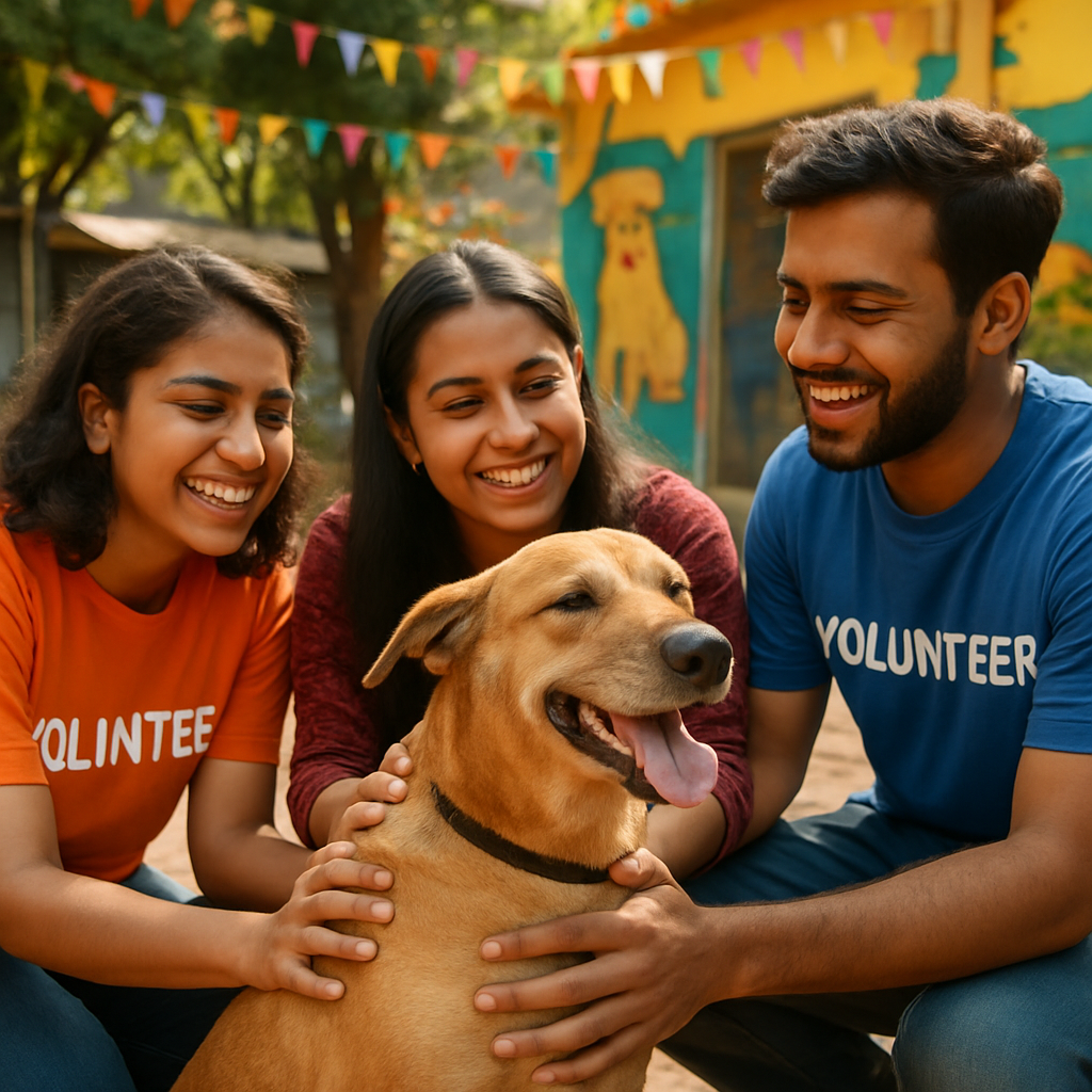 Happy rescued Indian dog being embraced by volunteers, vibrant Indian setting, real photo