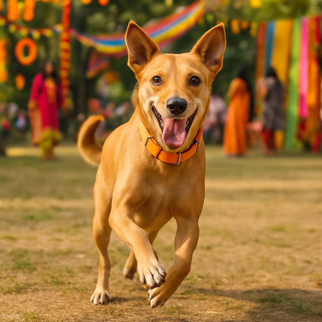 Playful Indian Pariah dog with a bright collar playing in a festive park, real photo