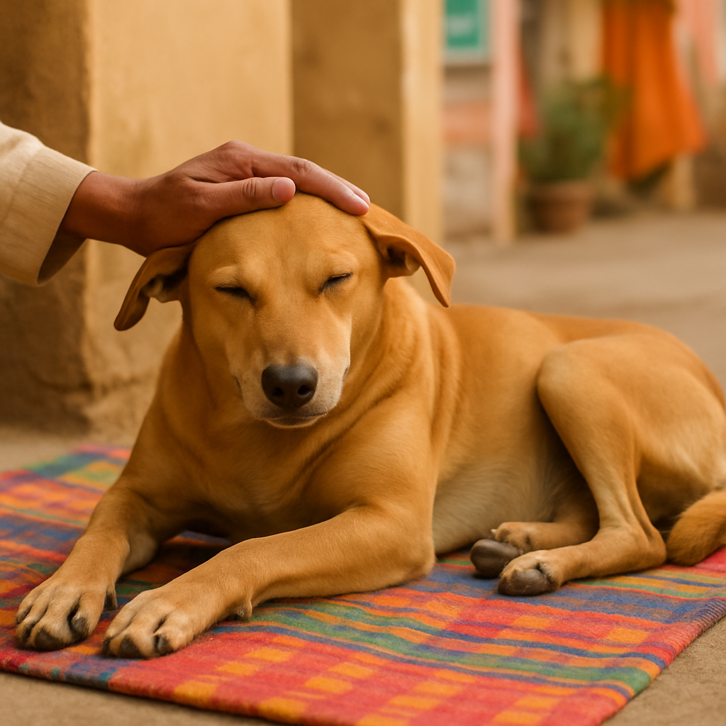 Gentle brown Indian street dog resting on a colorful mat, looking peaceful and cared for, real photo