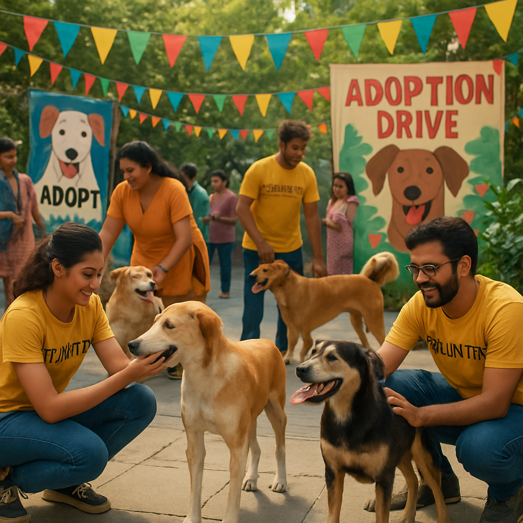 Community event with Indian street dogs and volunteers