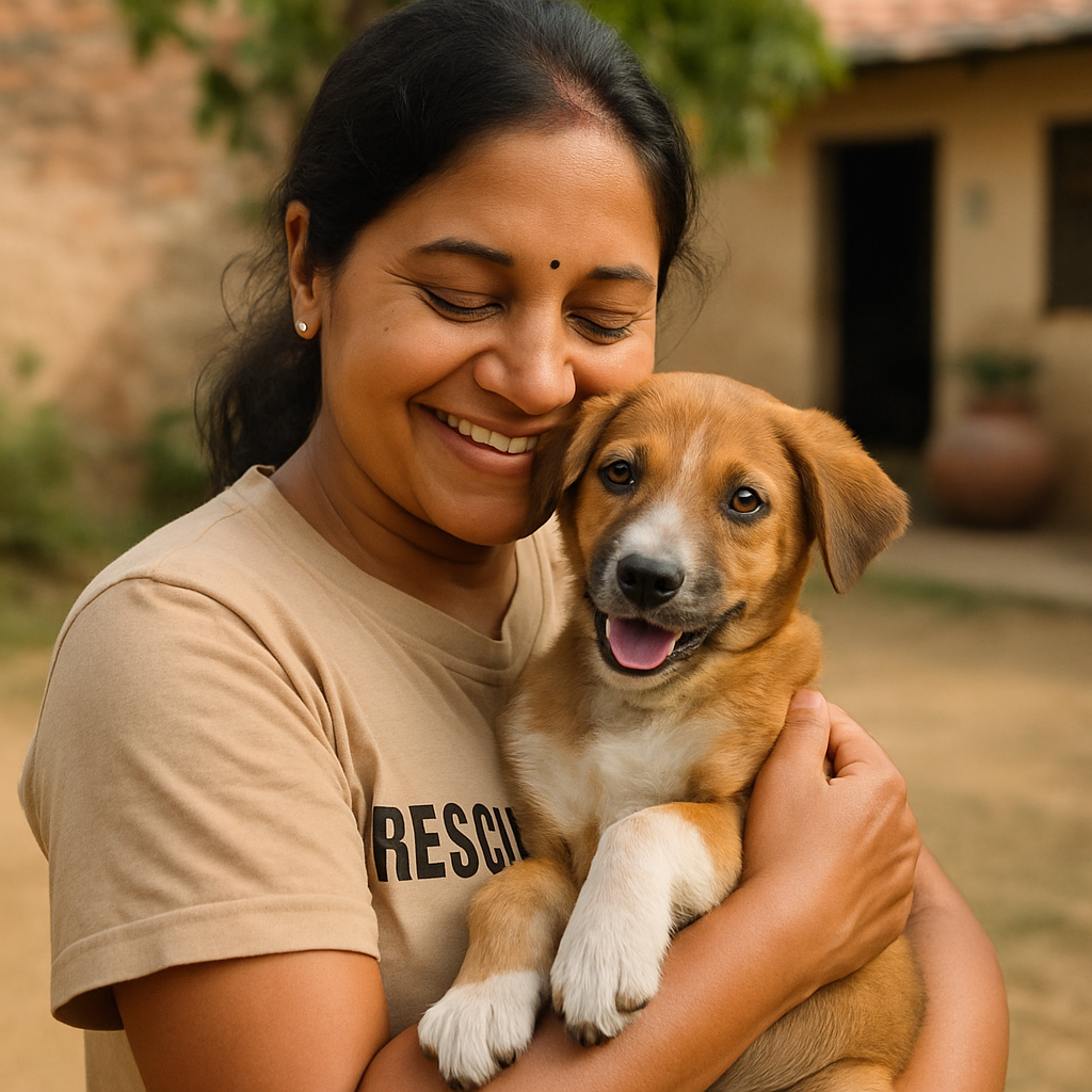 Adopted Indian puppy being cuddled by volunteer