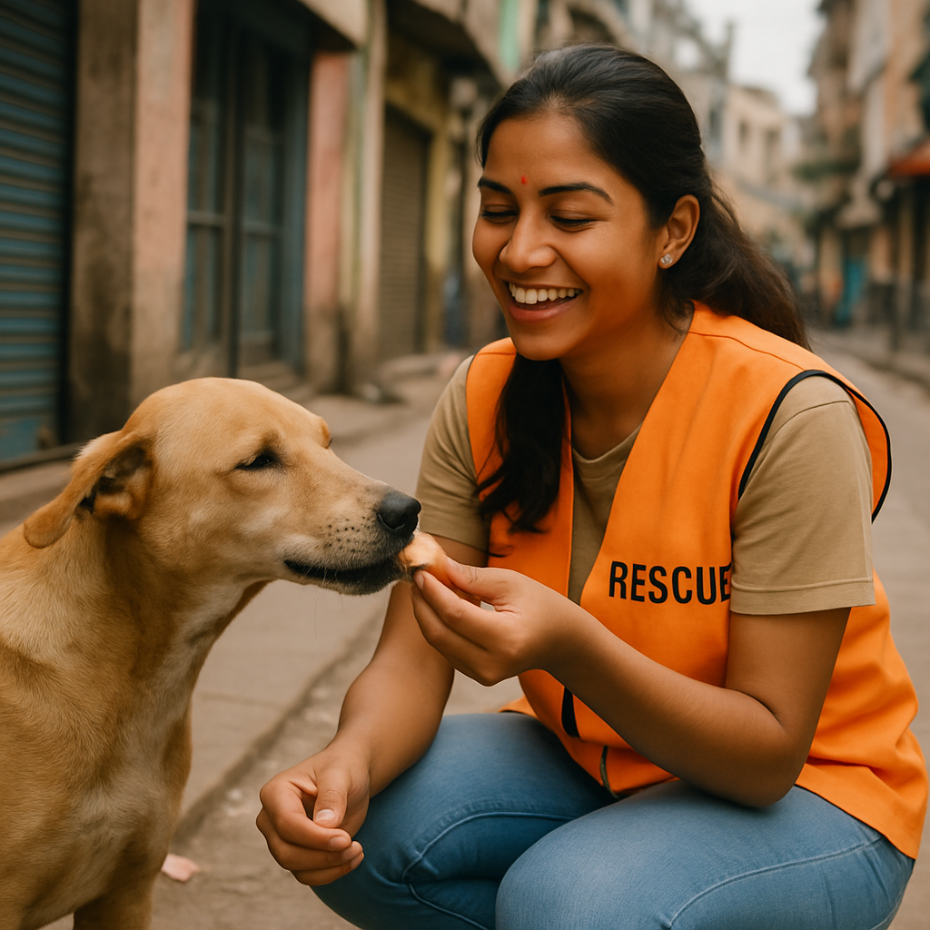 Female Indian volunteer feeding friendly street dog