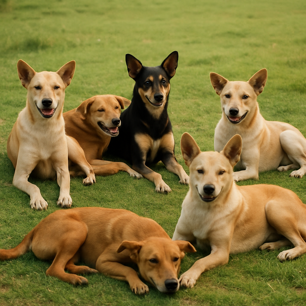 Group of rescued Indian dogs relaxing together on green grass