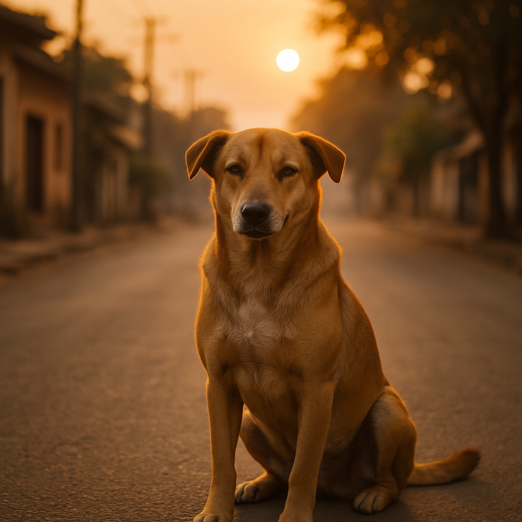 Indian street dog sitting peacefully at sunset