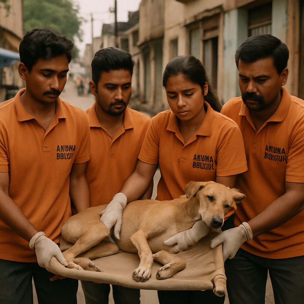 Rescue team gently carrying injured Indian dog