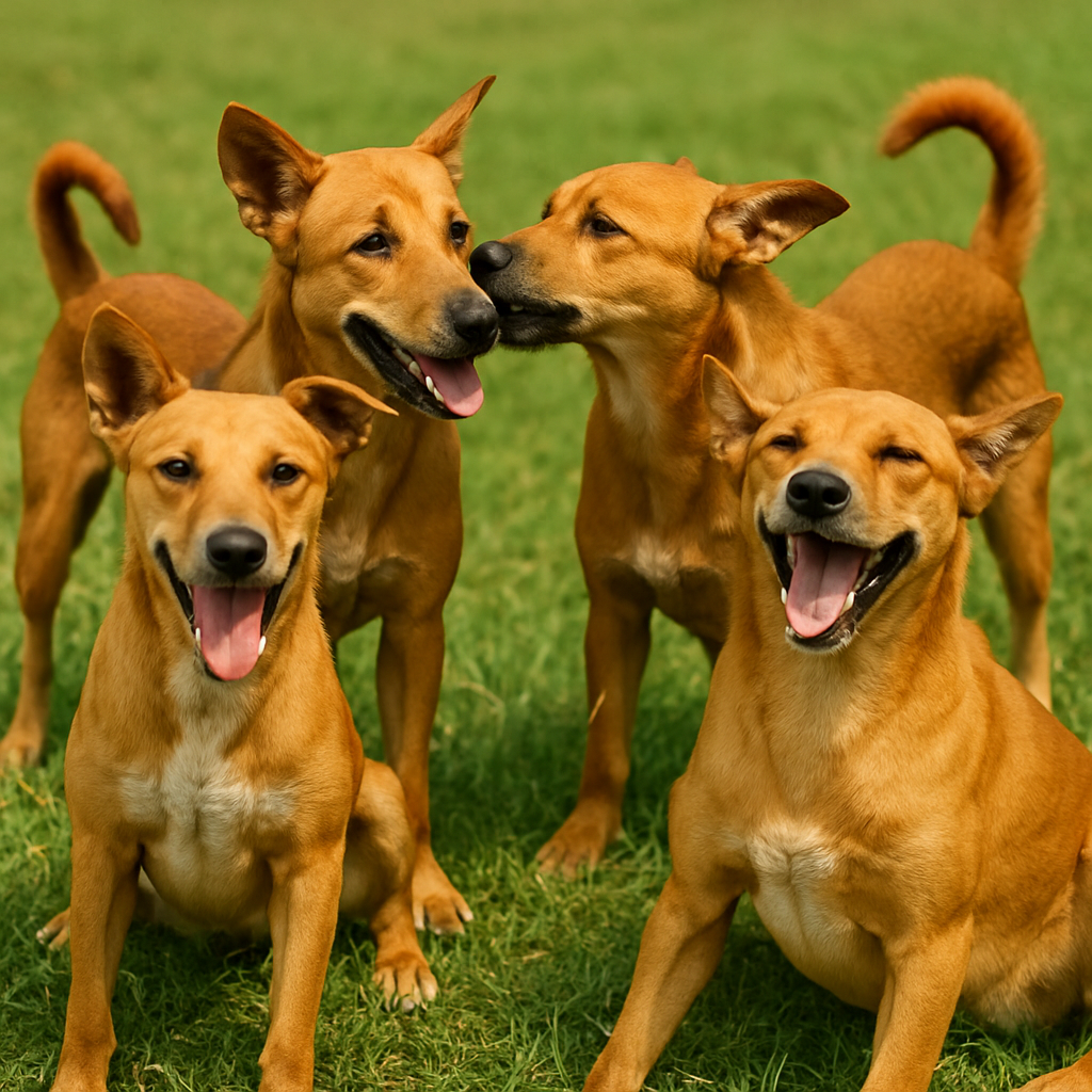 Group of healthy Indian street dogs playing together after rescue