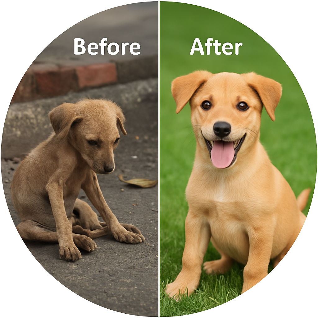 Before and after of Indian puppy rescued from the street