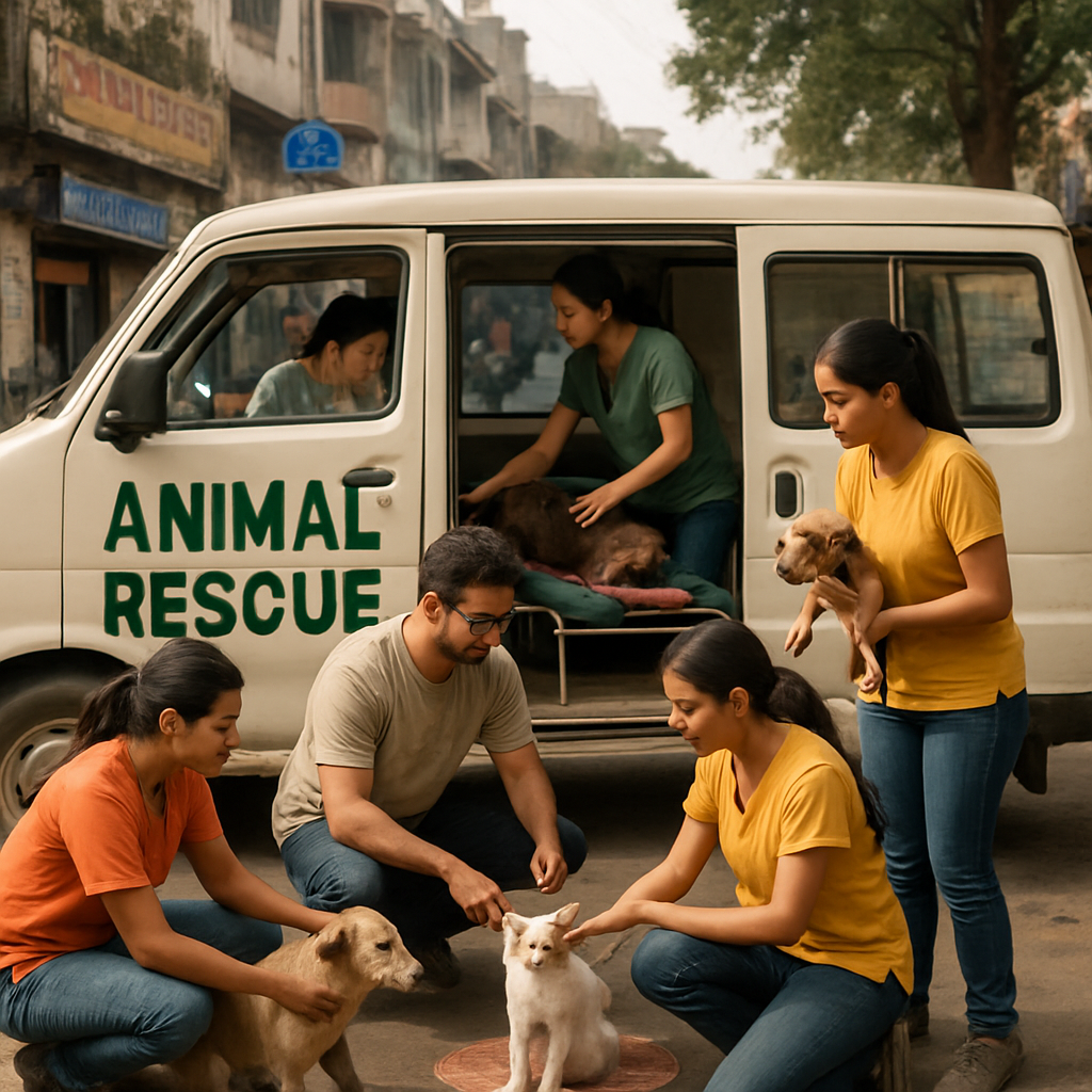 Indian rescue van and volunteers helping street animals