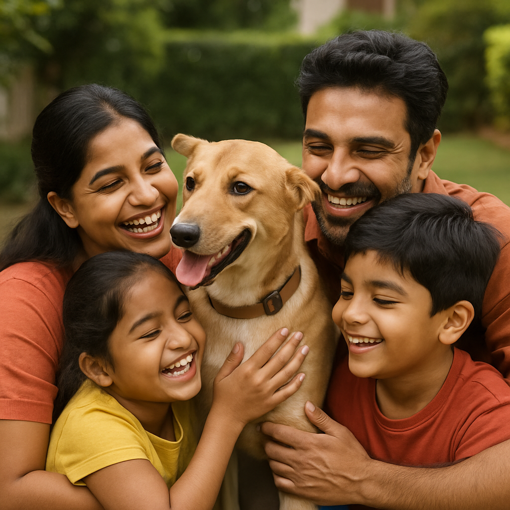 Happy family hugging adopted Indian stray dog