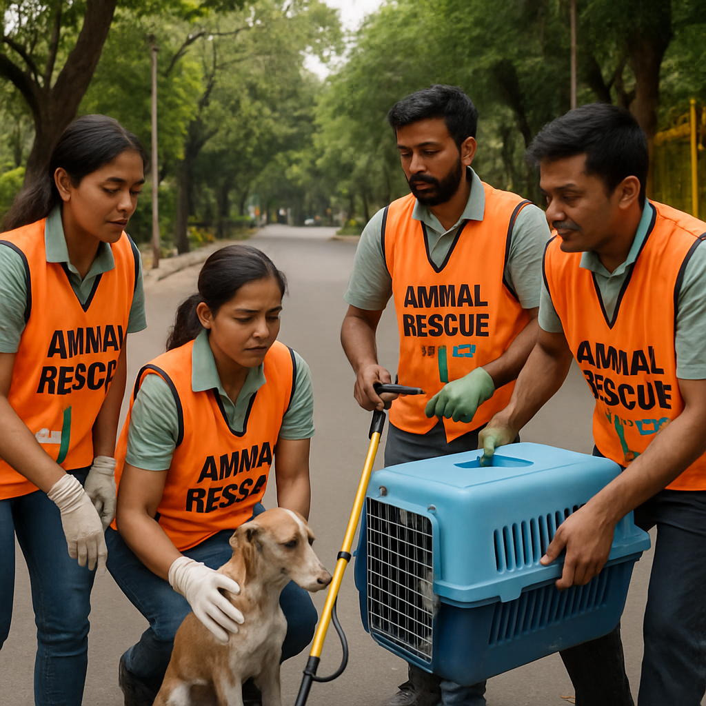 Rescue volunteers in bright vests working together