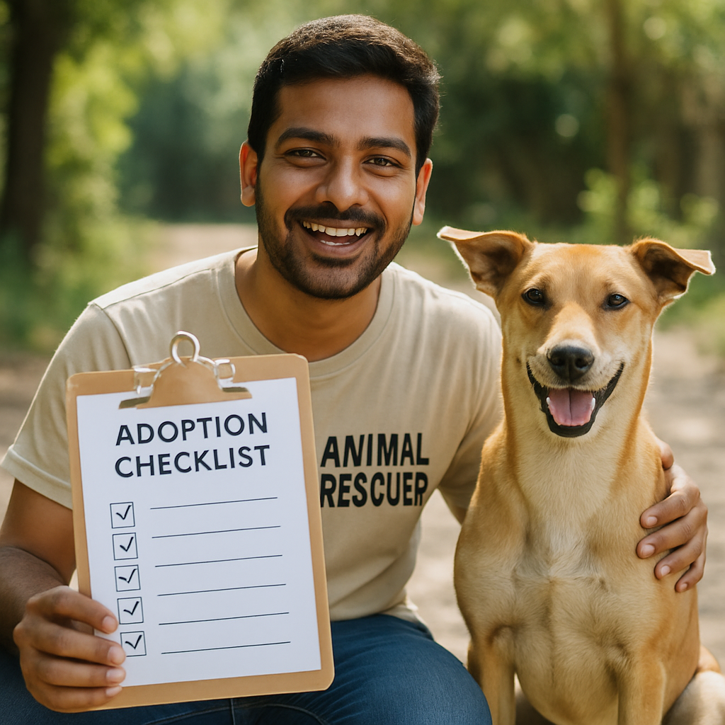 Indian rescuer with adoption checklist and a happy dog