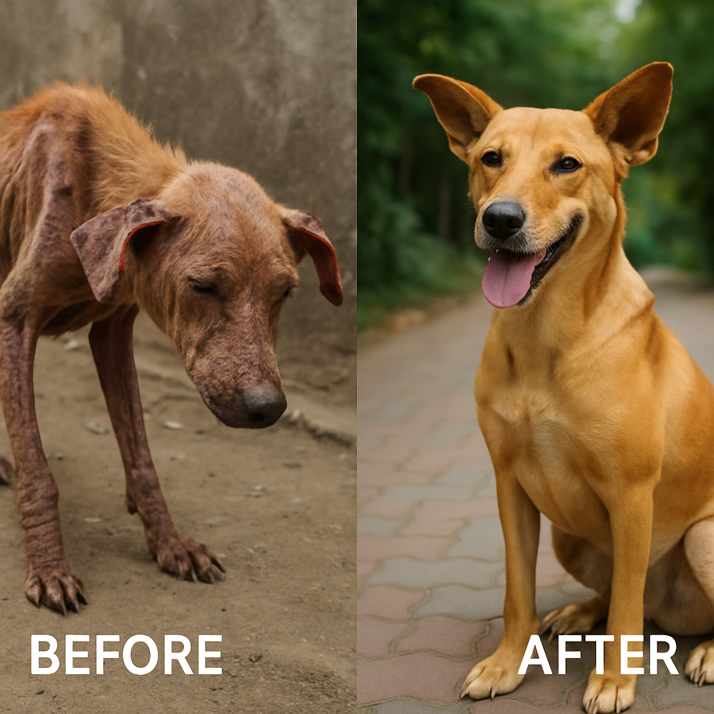 Before and after rescue photo of Indian stray dog