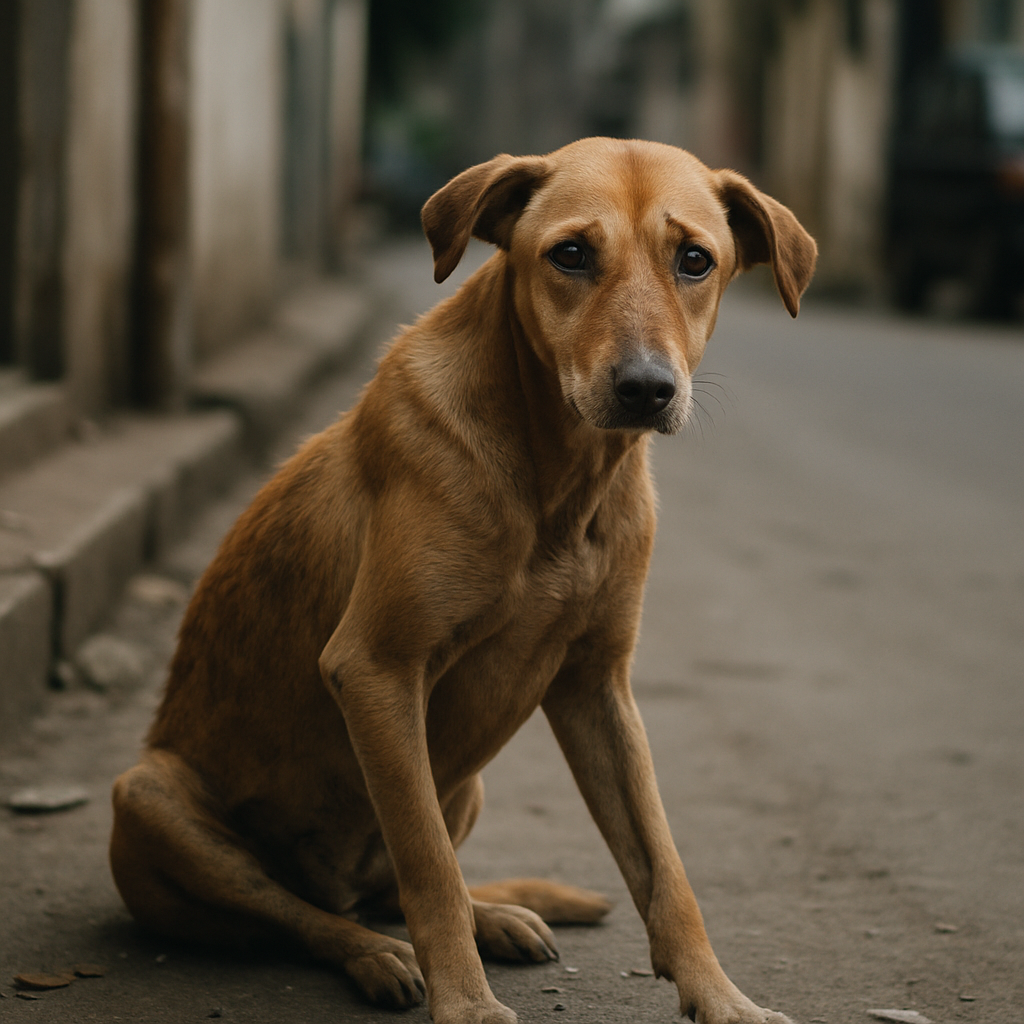 Indian stray dog before rescue, looking weary