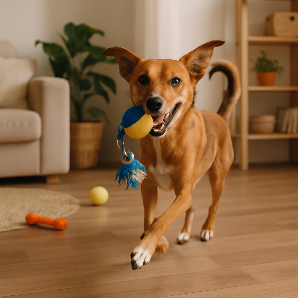 Rescued Indian dog playing in safe foster home