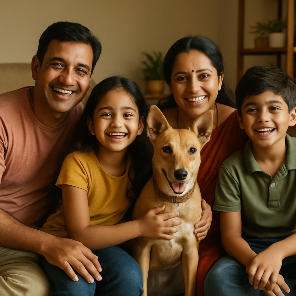 Indian foster family with rescued dog, smiling