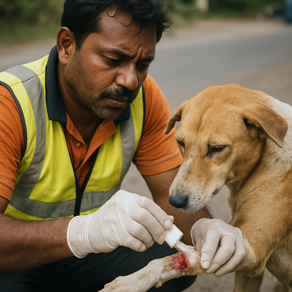 Indian rescuer providing first aid to a stray dog