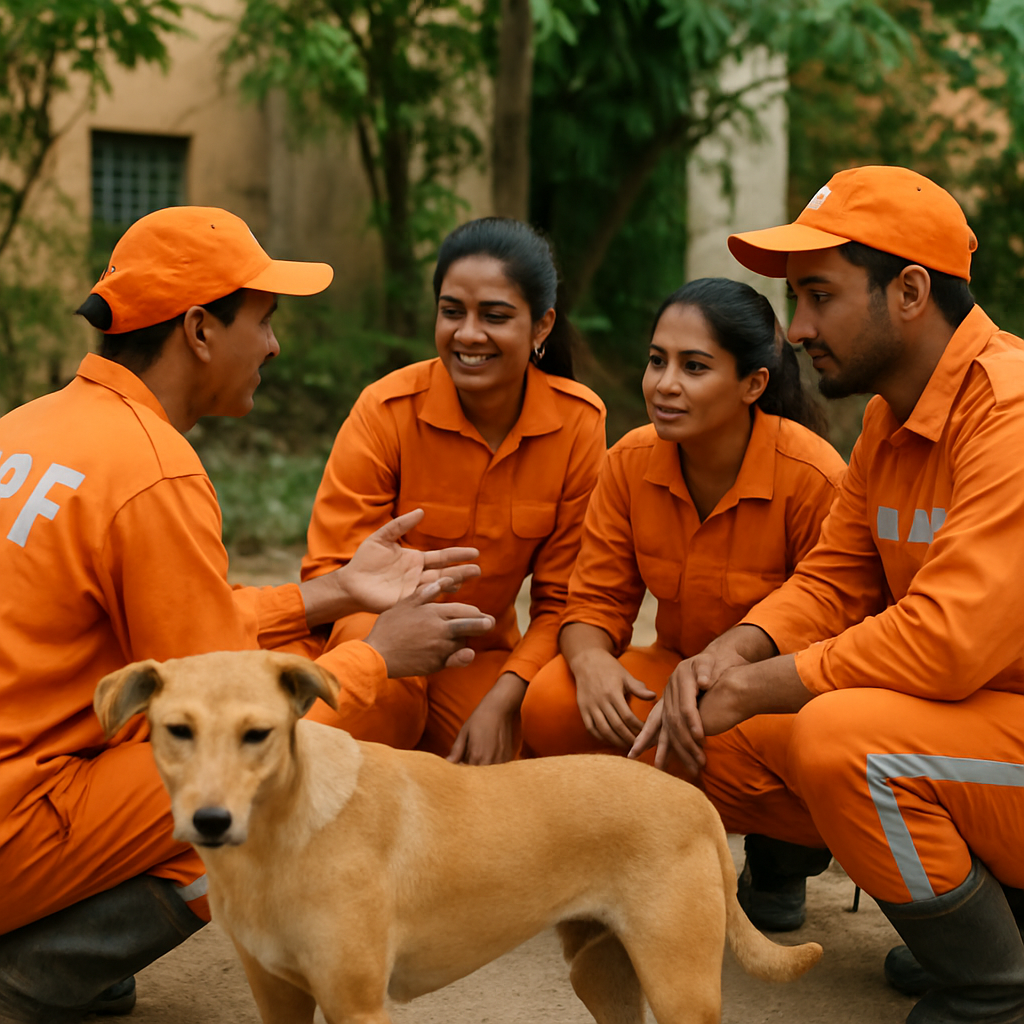 Indian rescuers connecting and planning together outdoors
