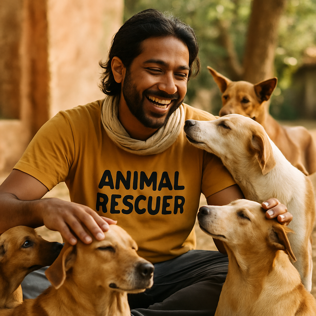 Indian rescuer sharing a story with rescued dogs