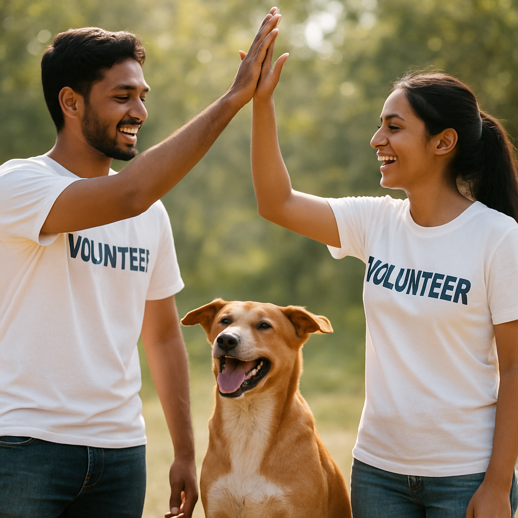 Two Indian volunteers giving a high five with a happy rescue dog