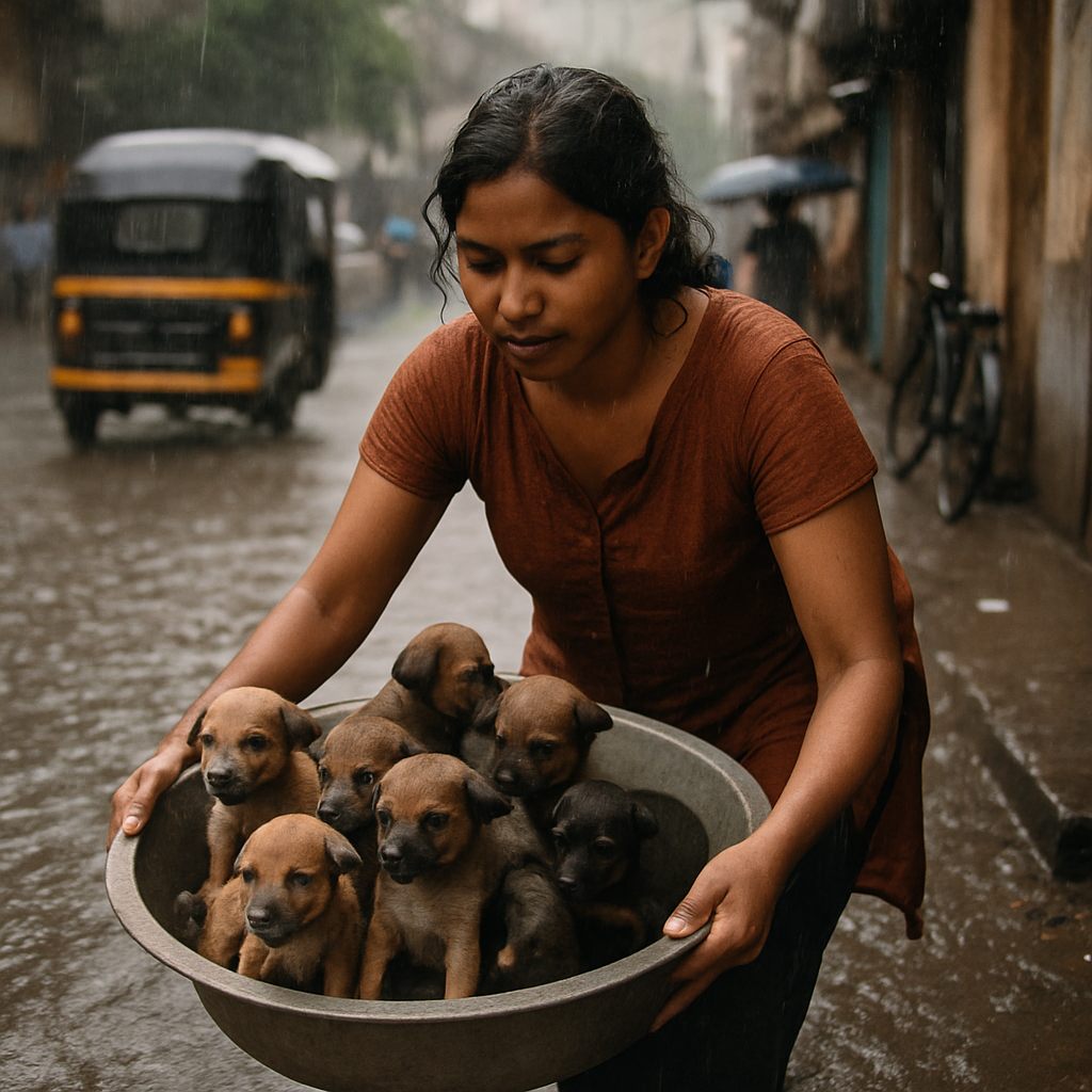 Priya rescuing a litter of puppies in Mumbai during monsoon