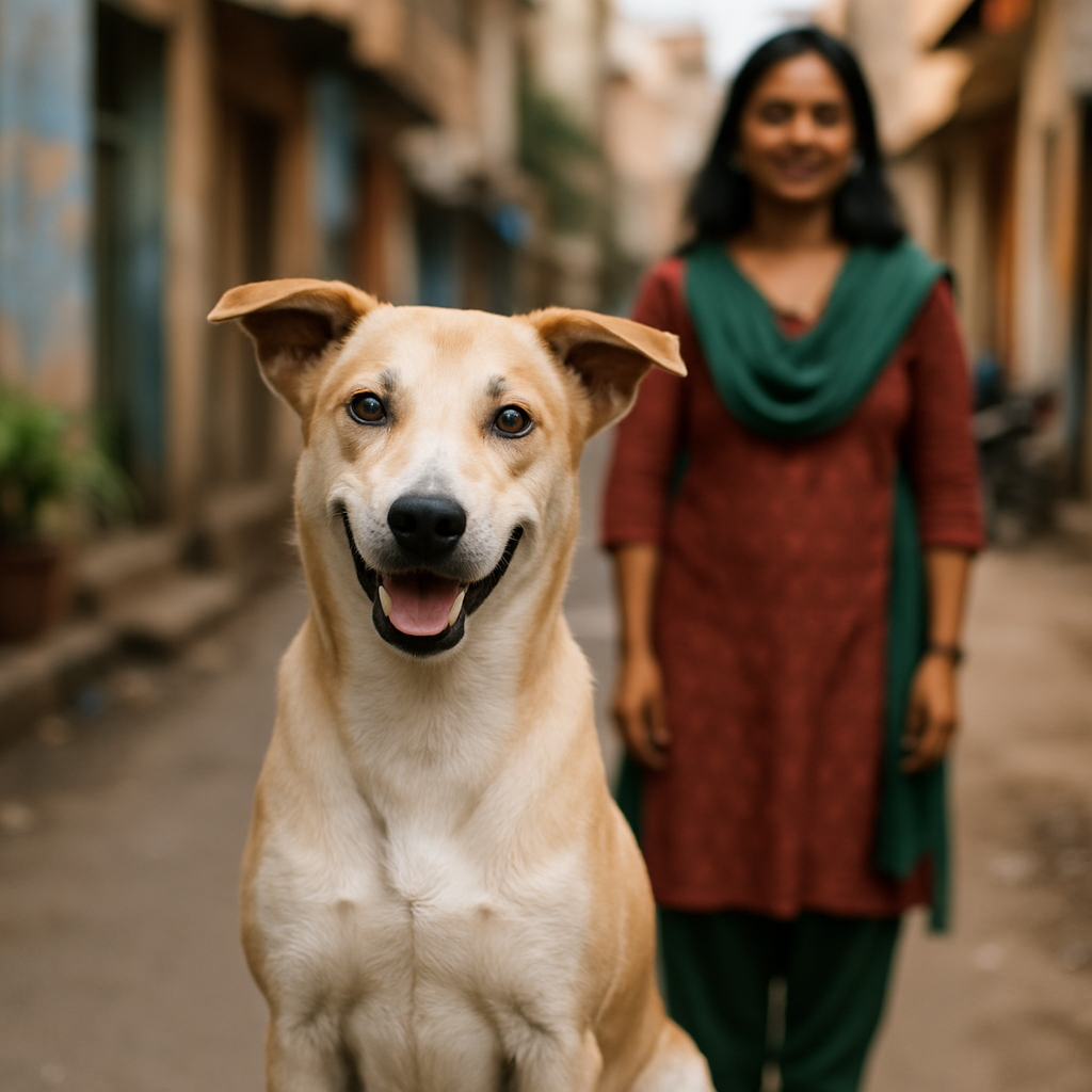 Smiling Indian stray dog, recently rescued by Priya