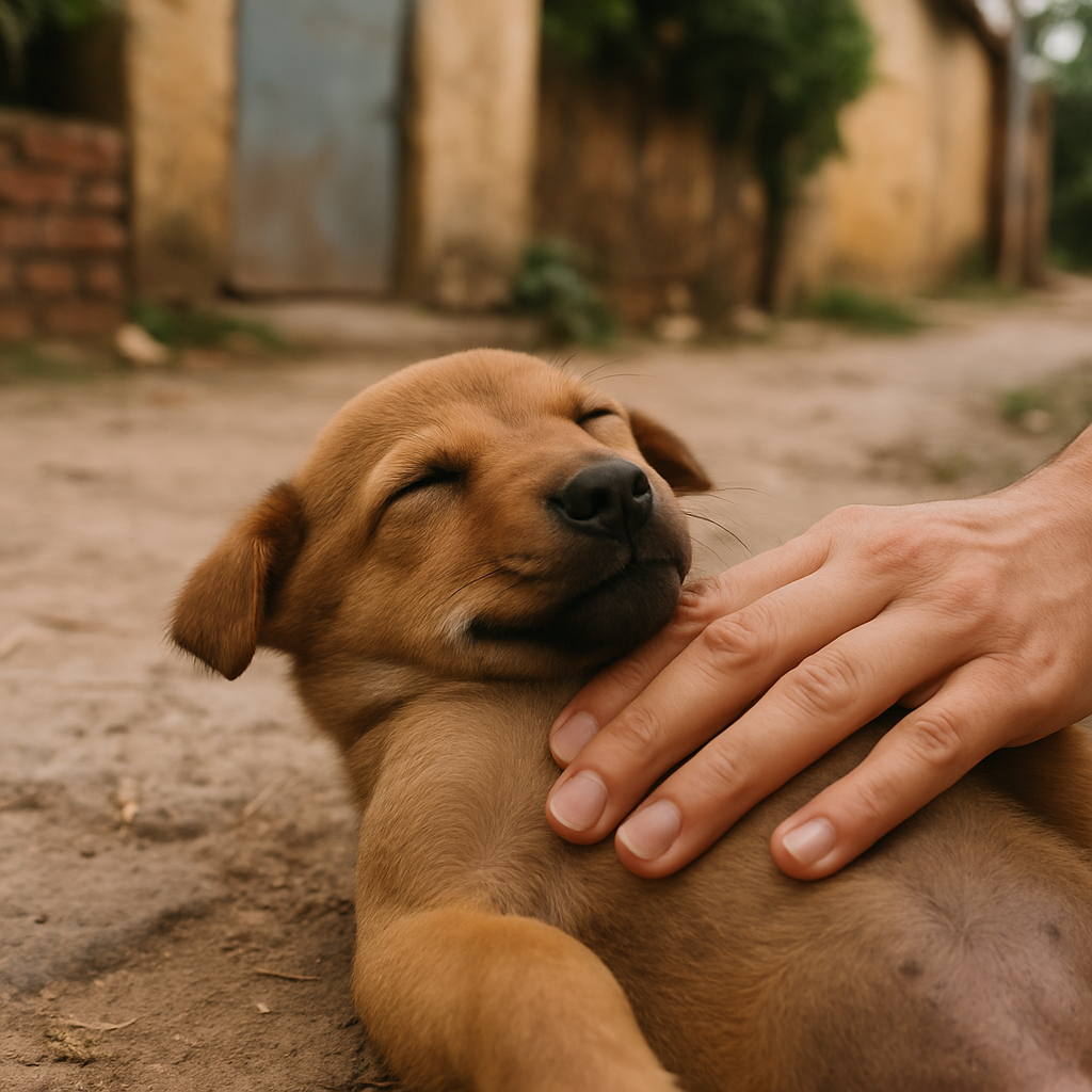 Indian puppy on its back receiving a gentle belly rub from a kind hand, eyes closed in bliss.