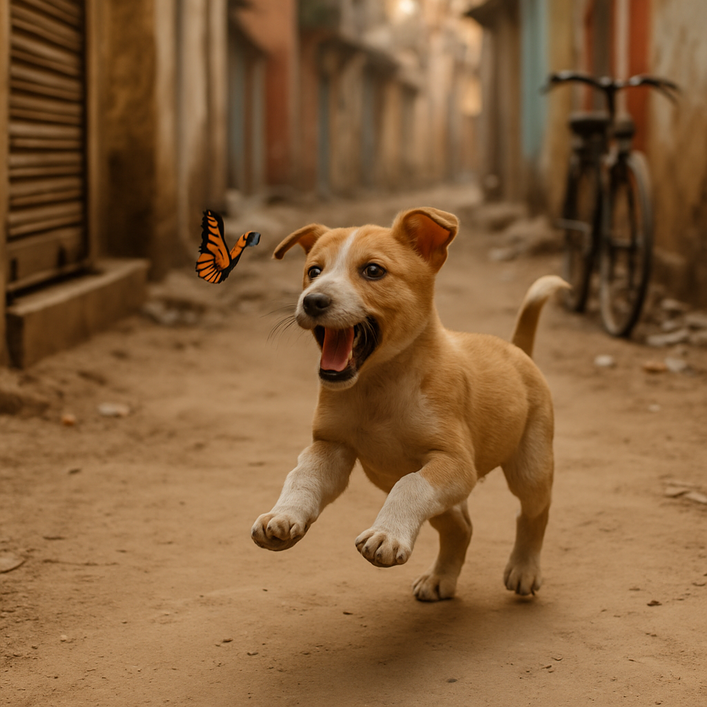 Indian street puppy chasing a fluttering butterfly in a dusty alley, paws mid-air, pure excitement on its face.