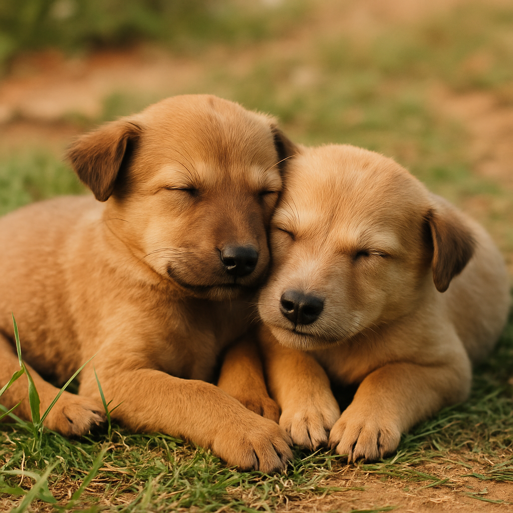 Two Indian street puppies cuddled up on a warm patch of grass, eyes closed, safe and content in each other's company.