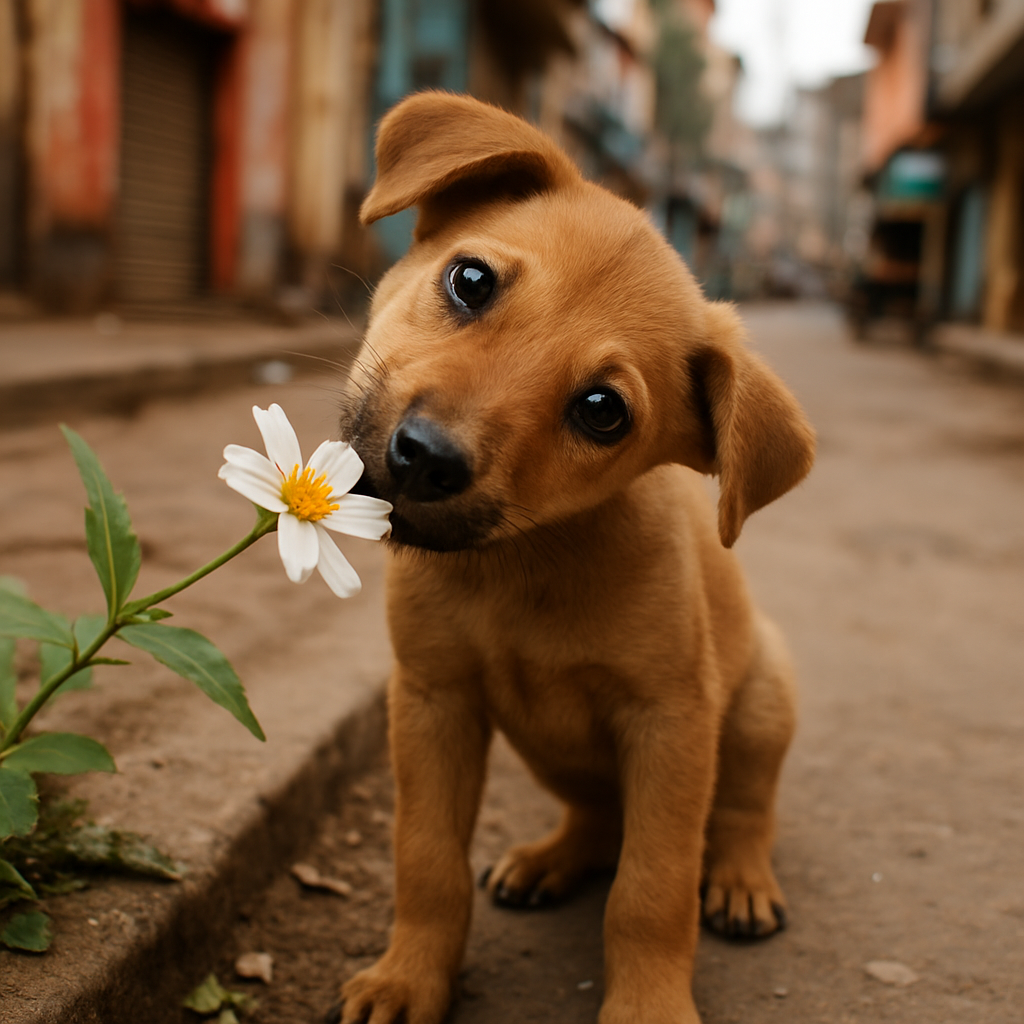 Curious Indian puppy tilting its head and sniffing a flower by the roadside, bright eyes sparkling with wonder.