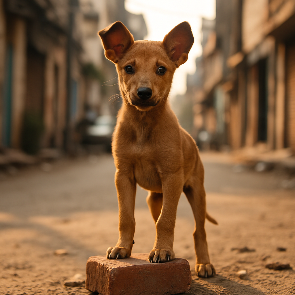 Lively Indian puppy standing tall on a broken brick, ears perked, looking ready to take on the world.